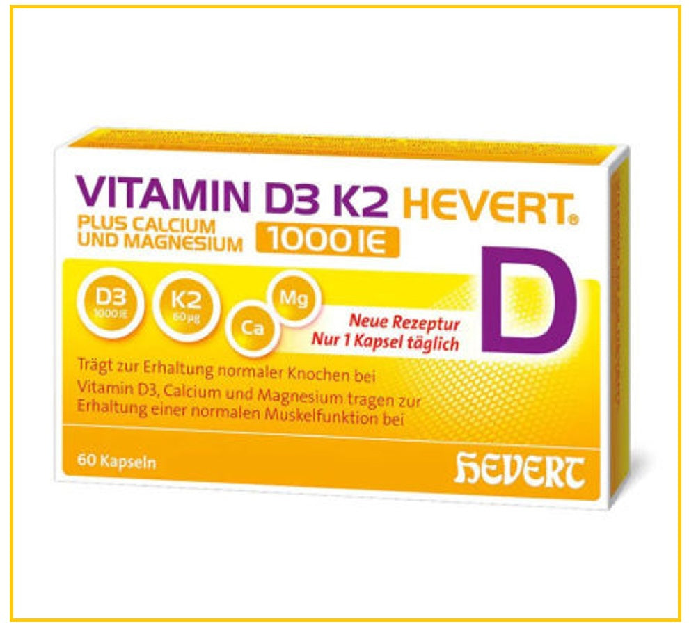 HEVERT 菲德維生素D3+K2鈣鎂同補1000IU強健肌肉骨骼片60粒 VITAMIN D3+K2 HEVERT PLUS CALCIUM UND MAGNESIUM 1000 IE 60CAPS