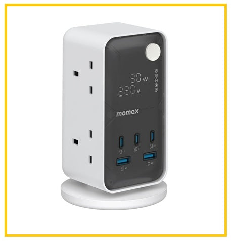 MOMAX 2A2C 6-Way Power Strip 1-CHARGE WORK FLOW 6-OUTLET GAN POWER TOWER 35W WITH USB PORTS US21 US21UKW