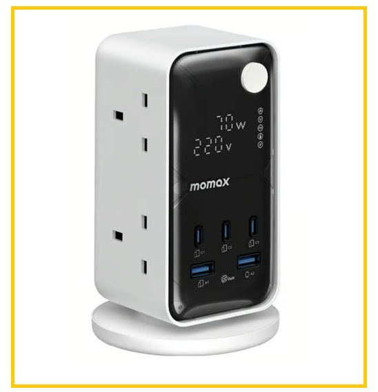 MOMAX 2A3C 6-Outlet Power Strip 1-CHARGE WORK FLOW 6-OUTLET DIGITAL DISPLAY POWER TOWER WITH USB 70W WHITE US25UKW