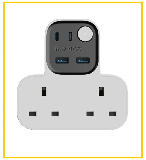 MOMAX 2-outlet T-shaped power strip, 25W (2A2C), 1-Charge Workflow, T-Shaped Extension, 2-Socket with USB.