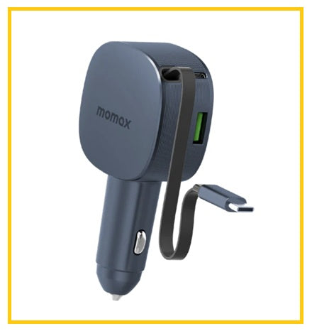 MOMAX 伸縮充電線雙接口車用充電器 1-MOVE+ 60W 2-PORT CAR CHARGER WITH BUILT-IN RETRACTABLE CABLE
