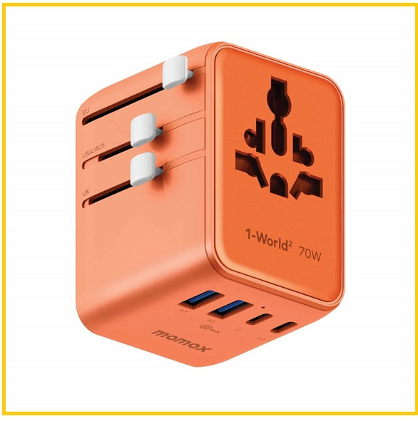 MOMAX 5-Port Dual AC Travel Charger 1-WORLD² UNIVERSAL 5-PORT TRAVEL GAN CHARGER 70W WITH DUAL AC #BLACK / #ORANGE UA22UKD / UA22UKM