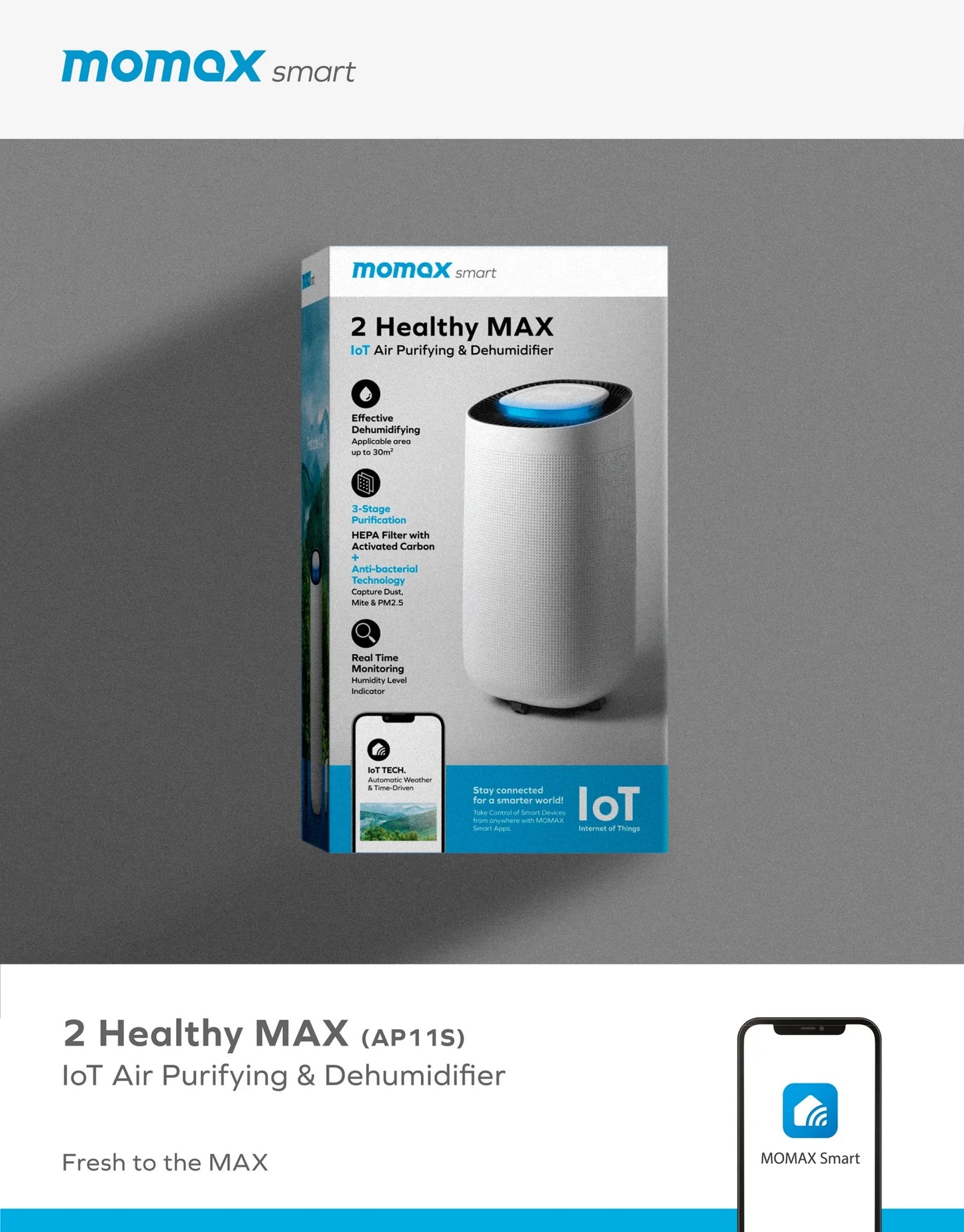 MOMAX 2 HEALTHY MAX IOT AIR PURIFYING DEHUMIDIFIER AP11S 智能2in1空氣淨化抽濕機