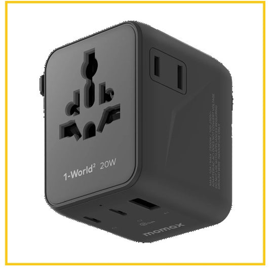 MOMAX 3-Port Dual AC Travel Socket 1-WORLD² 3-PORT MINI UNIVERSAL TRAVEL GAN CHARGER 20W WITH DUAL AC #BLACK / #WHITE UA26UKD / UA26UKW