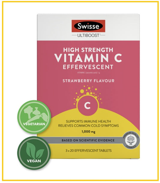 Swisse High Strength Vitamin C Effervescent Tablets (Strawberry Flavor) 60 Tablets Pack