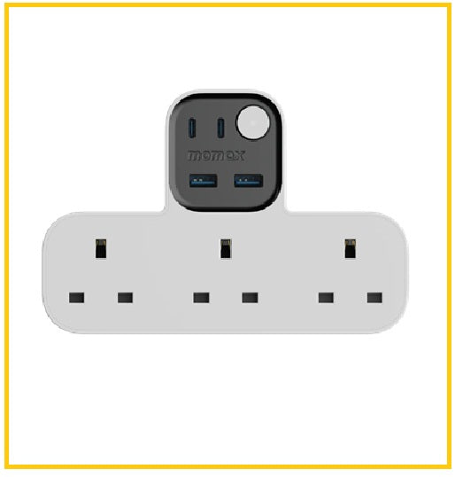 MOMAX 3-outlet T-shaped power strip, 35W, 2A2C, 1-Charge Workflow, T-Shaped Extension, 3-outlet with USB.