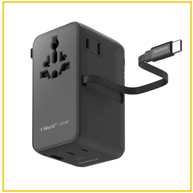 MOMAX 4接口雙AC連USB-C充電線旅行插座 1-WORLD²⁺ 4-PORT MINI UNIVERSAL TRAVEL GAN CHARGER WITH BUILT-IN RETRACTABLE CABLE 100W WITH DUAL AC #BLACK / #TITANIUM UA25UKD / UA25UKL