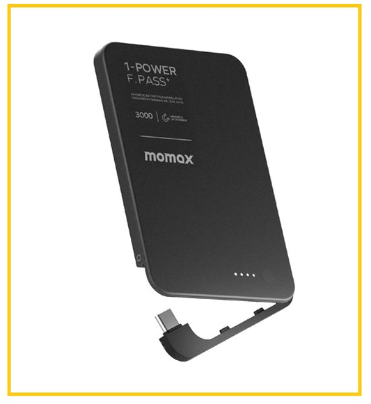 MOMAX 磁吸帶線移動電源 1-POWER F.PASS⁺ 3000MAH MAGNETIC BATTERY PACK WITH BUILT-IN CABLE #BLACK / #TITANIUM IP160D / IP160L