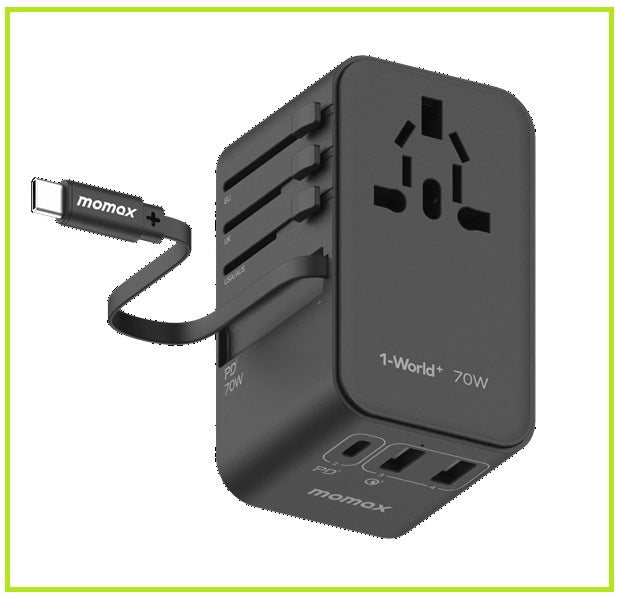 MOMAX 3插口AC旅行充電插座 1-WORLD+ 3-PORT TRAVEL GAN CHARGER WITH BUILT-IN USB-C CABLE 70W UA18UKD