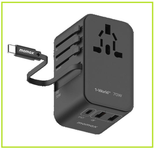 MOMAX 3 AC Travel Charger 1-WORLD+ 3-PORT TRAVEL GAN CHARGER WITH BUILT-IN USB-C CABLE 70W UA18UKD