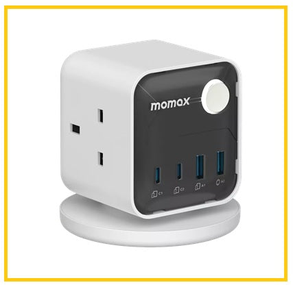 MOMAX 2A2C 3-Outlet Power Strip 1-CHARGE WORK FLOW 3-OUTLET GAN POWER CUBE 25W WITH USB PORTS US20UKW