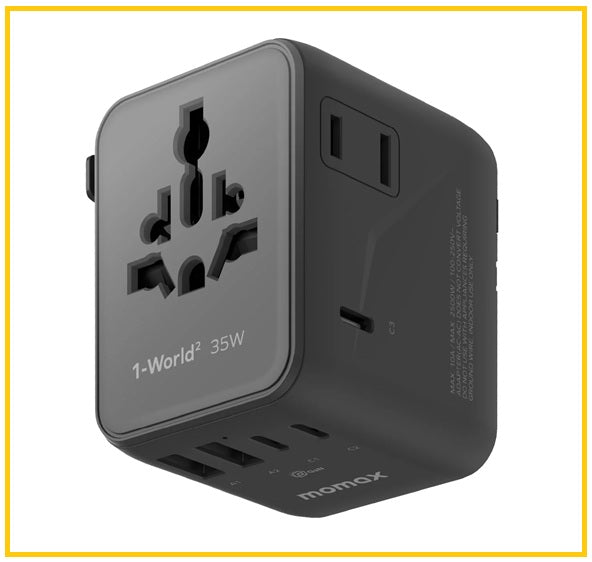 MOMAX 5-Port Dual AC Travel Socket 1-WORLD² 5-PORT MINI TRAVEL GAN CHARGER 35W WITH DUAL AC #BLACK / #SANDSTONE UA27UKD / UA27UKL2
