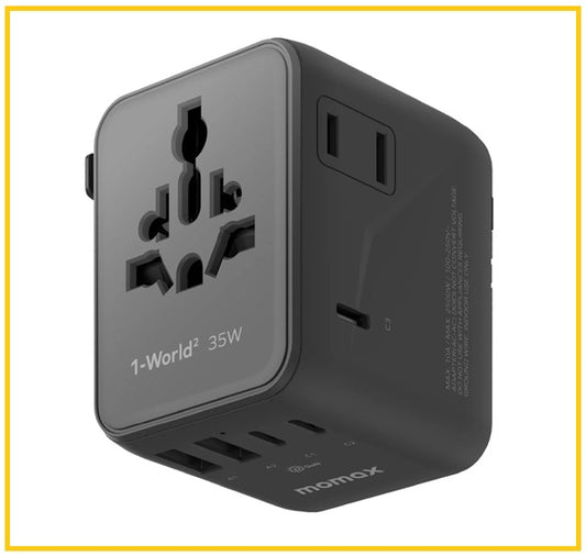MOMAX 5-Port Dual AC Travel Socket 1-WORLD² 5-PORT MINI TRAVEL GAN CHARGER 35W WITH DUAL AC #BLACK / #SANDSTONE UA27UKD / UA27UKL2