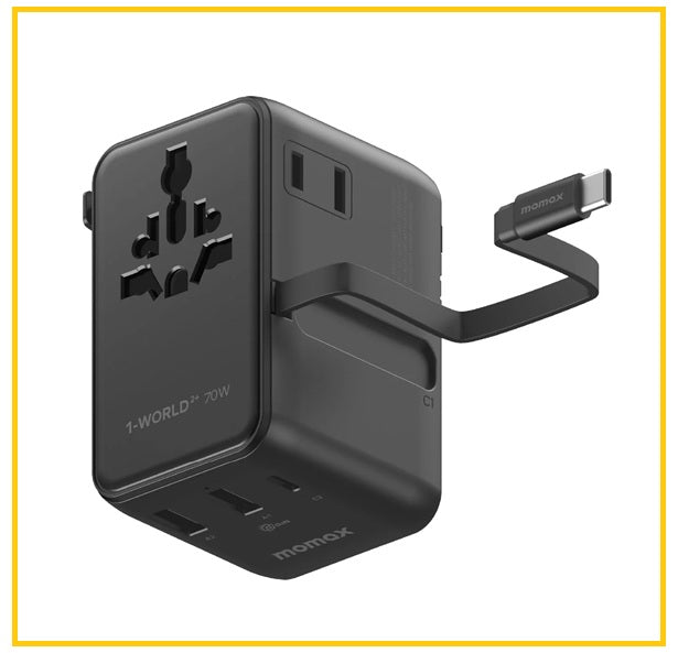 MOMAX 伸縮充電線三接口旅行充電插座 1-WORLD²⁺ 70W 3-PORT DUAL AC TRAVEL ADAPTER WITH BUILT-IN RETRACTABLE CABLE #BLACK /#TITANIUM UA30UKD / UA30UKD