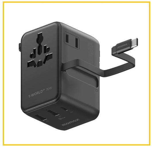MOMAX Retractable Charging Cable Three-Port Travel Charger 1-WORLD²⁺
70W 3-PORT DUAL AC TRAVEL ADAPTER WITH BUILT-IN RETRACTABLE CABLE #BLACK /#TITANIUM UA30UKD / UA30UKD