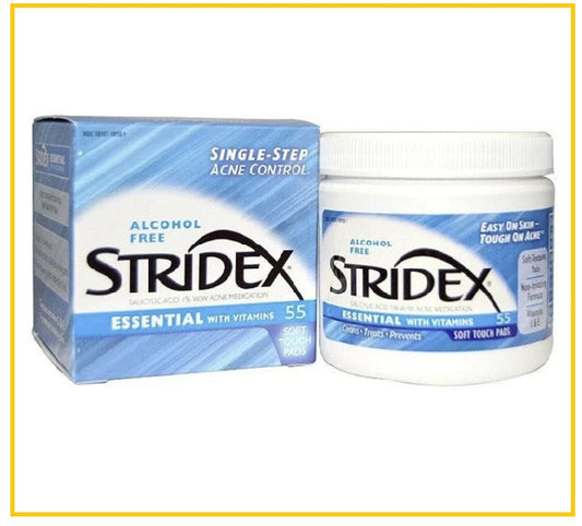 STRIDEX 施顏適水楊酸清潔祛痘棉片進階版藍色1%濃度55片 ESSENTIAL WITH VITAMINS SALICYLIC ACID 1% ALCOHOL FREE BLUE 55 SOFT TOUCH PADS