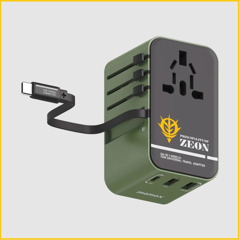 MOMAX X GUNDAM 伸縮充電線旅行插座 1-WORLD+ 70W GAN RETRACTABLE USB-C CABLE TRAVEL ADAPTOR UA18UKGDW / UA18UKGDR / UA18UKGDG