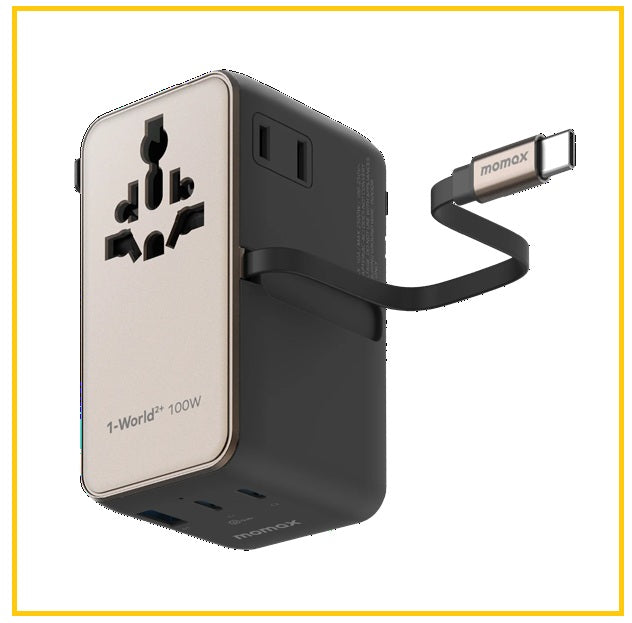 MOMAX 4接口雙AC連USB-C充電線旅行插座 1-WORLD²⁺ 4-PORT MINI UNIVERSAL TRAVEL GAN CHARGER WITH BUILT-IN RETRACTABLE CABLE 100W WITH DUAL AC #BLACK / #TITANIUM UA25UKD / UA25UKL