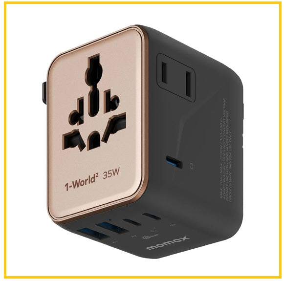 MOMAX 5-Port Dual AC Travel Socket 1-WORLD² 5-PORT MINI TRAVEL GAN CHARGER 35W WITH DUAL AC #BLACK / #SANDSTONE UA27UKD / UA27UKL2